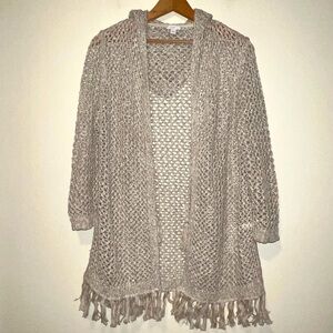 Women’s J.Jill Natural Crochet Knit Open Front Hoodie Cardigan sweater Top S
